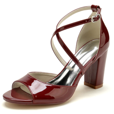 Burgunderrote Peep-Toe-Sandale mit Kreuzriemen, klobiger Absatz, bequeme Sandalen für das Kleid