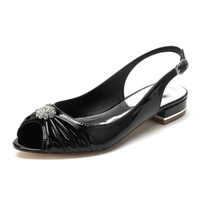 Schwarze Peep-Toe-Slingback-Flats mit Juwelen und Blumen, flache Schuhe für den Tanz