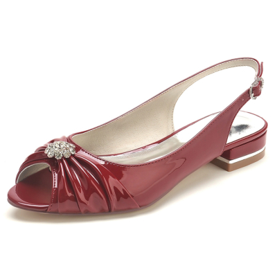 Burgunderrote Peep-Toe-Slingback-Flats, flache Schuhe mit Juwelen und Blumen für den Tanz