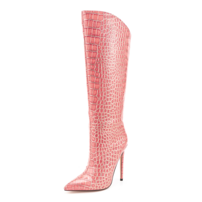 Rosa Schlangenmuster-Stiletto-Absatz-Party-Kniehohe Stiefel zum Anziehen für das Kleid
