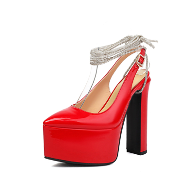 Rote spitze Zehen-Schnürschuhe mit Plateausohle und klobigem Absatz, Kleider-Pumps, Slingback-Schuhe