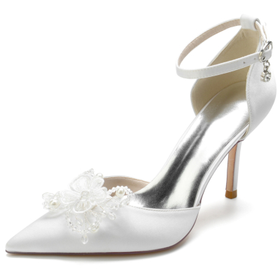 Weiße spitze Zehe Stöckelabsatz Perlen Blumen Knöchelriemen Ferse Hochzeitsschuhe
