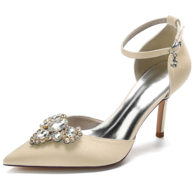 Champange Spitzschuh Stiletto Strass Ankle Strap Heels Pumps für die Hochzeit