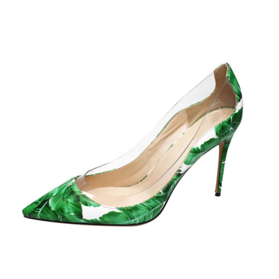 Grünes PU-Leder und durchsichtige Damenschuhe, spitze Zehen, transparente Pumps, 4-Zoll-Stiletto-Absätze