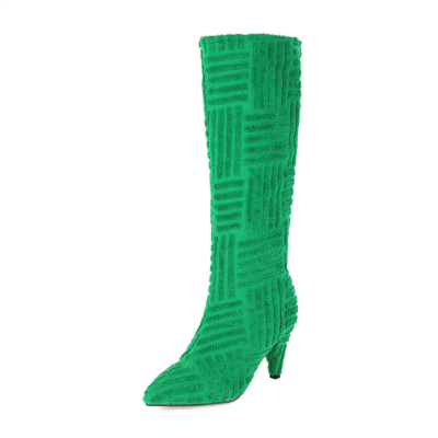 Grüne Pull-On-Strickstiefel, kegelförmiger High-Heels-Pullover, kniehohe Stiefel