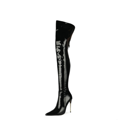 Schwarze Overknee-Stiefel zum Anziehen, spitzer Zehentanz, oberschenkelhohe Stiefel, 12,7 cm hohe Absätze