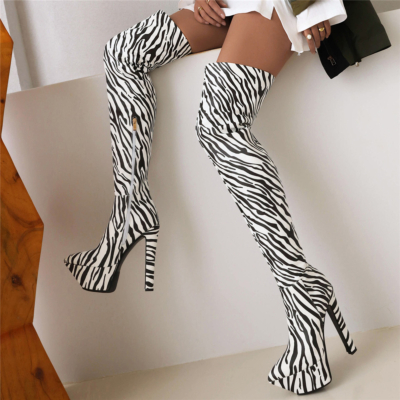 Overknee-Stiefel zum Anziehen mit Plateausohle und Stiletto-Absatz, sexy Tanzstiefel mit Zebramuster