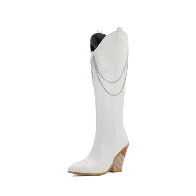 Weiße Ketten-Cowgirl-Stiefel mit Schlangeneffekt, kniehohe Stiefel