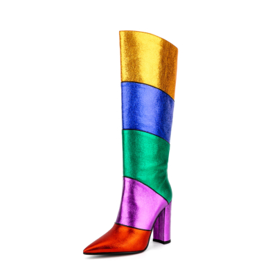 Regenbogenfarben Metallic Spitzschuh Chunky Heel Kniehohe Stiefeletten