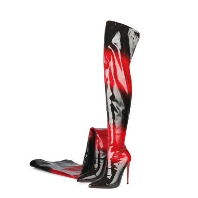 Rote und schwarze hochhackige Stiefel Weite Wadenreißverschluss-Overknee-Stiefel
