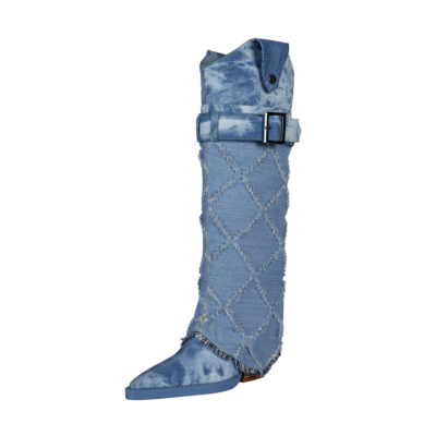 Blaue Retro-Denim-Cowboystiefel mit spitzer Zehenpartie und kniehohem Blockabsatz