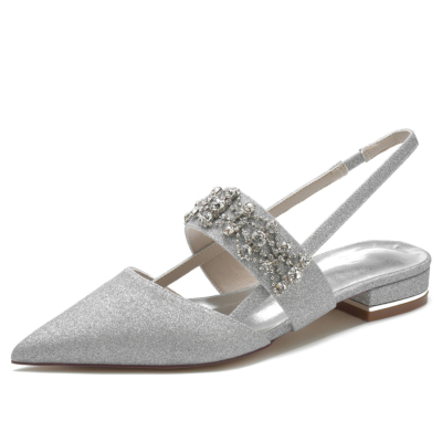 Silberne Retro-Slingback-Mary-Jane-Schuhe mit spitzer Zehenpartie und flachem Schmuck