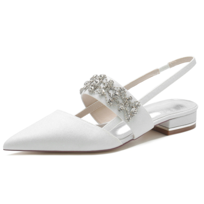 Weiße Retro-Slingback-Mary-Jane-Schuhe mit spitzer Zehenpartie und flachem Schmuck