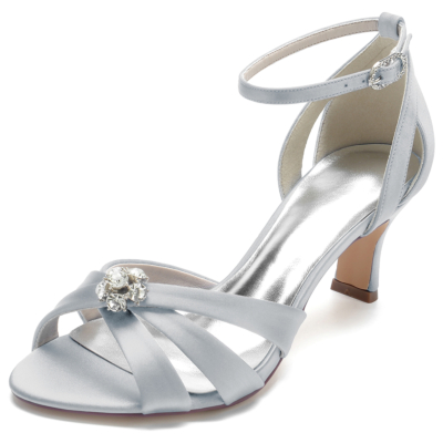 Silber Strass ausgeschnitten Spool Heel Ankle Strap Sandale Hochzeitsschuhe