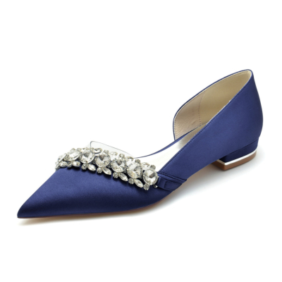 Marineblaue, mit Strasssteinen verzierte flache D'orsay-Schuhe aus klarem Satin für die Hochzeit
