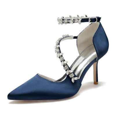 Dunkelblaue, mit Strasssteinen verzierte, überkreuzte D'orsay-Schuhe mit Stiletto-Absätzen für die Hochzeit