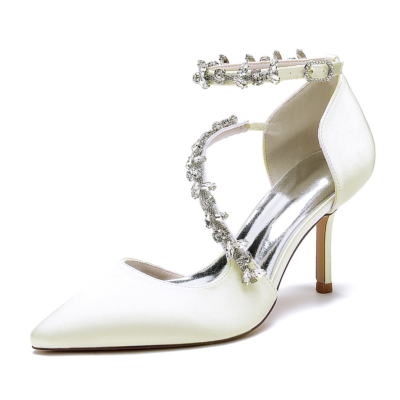 Beigefarbene, mit Strasssteinen verzierte D'orsay-Schuhe mit überkreuzten Riemen und Stiletto-Absätzen für die Hochzeit