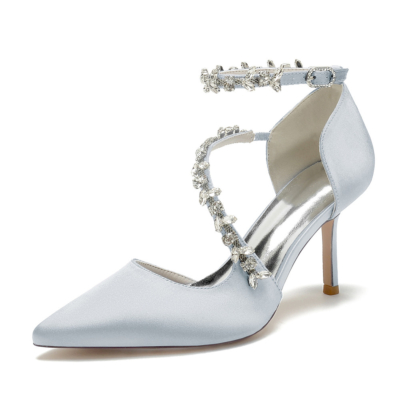 Graue, mit Strasssteinen verzierte D'orsay-Schuhe mit überkreuzten Riemen und Stiletto-Absätzen für die Hochzeit