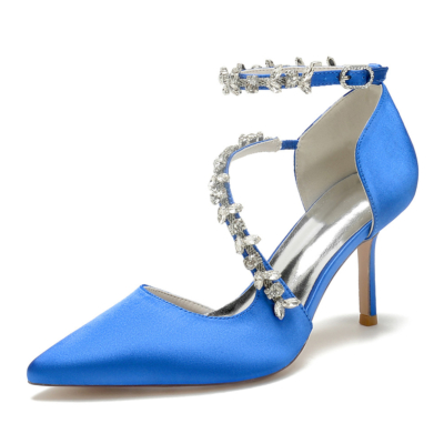 Königsblaue, mit Strasssteinen verzierte, überkreuzte D'orsay-Schuhe mit Stiletto-Absätzen für die Hochzeit