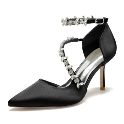 Schwarze, mit Strasssteinen verzierte D'orsay-Schuhe mit überkreuzten Riemen und Stiletto-Absätzen für die Hochzeit