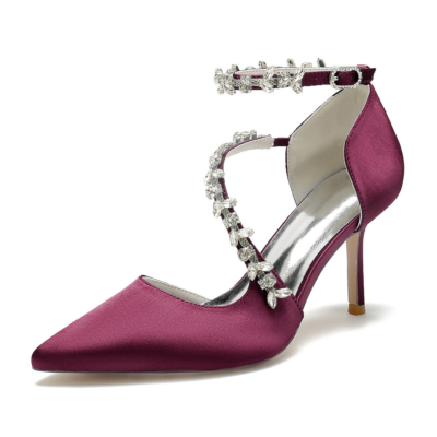 Burgunderrote, mit Strasssteinen verzierte D'orsay-Schuhe mit überkreuzten Riemen für die Hochzeit