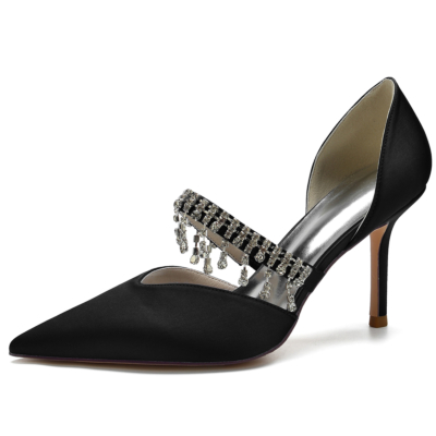 Schwarze D'Orsay Pumps Mary Jane Schuhe mit Strassfransen und Pfennigabsatz