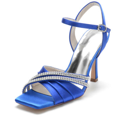 Royal Blue Strass Fleck Rüschen Open Toe Stiletto Ankle Strap Sandalen für die Hochzeit