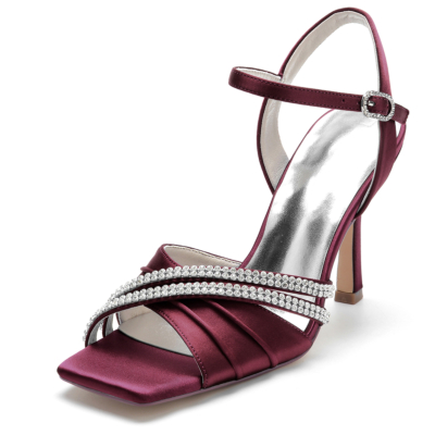 Burgund Strass Stain Ruffle Open Toe Stiletto Ankle Strap Sandalen für die Hochzeit