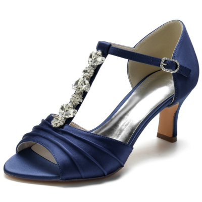 Marineblaue Peep-Toe-Sandalen mit T-Riemen und Strasssteinen mittlerer Braut-D'orsay-Absatz
