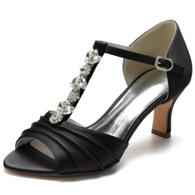Schwarze Peeptoe-Sandalen mit T-Riemen und Strass, Braut-D'orsay-Mittelabsätze