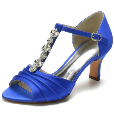 Königsblaue Peep-Toe-Sandalen mit Strasssteinen und T-Riemen Braut-D'orsay-Mittelabsätze
