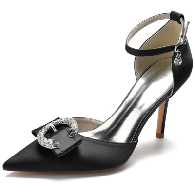 D'Orsay-Schuhe mit schwarzen Strasssteinen und runder Schnalle aus Satin mit Knöchelriemen
