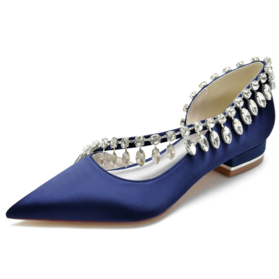 Marineblaue Satin-Flache Schuhe mit überkreuzten Riemen D'orsay Damenschuhe für den Tanz