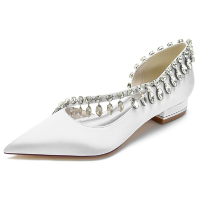 Weiße Satin-Flache Schuhe mit Kreuzriemen und Strass D'orsay Damenschuhe zum Tanzen