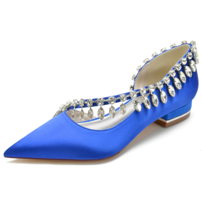 Königsblaue Satin-Flache Schuhe mit überkreuzten Riemen D'orsay Damenschuhe für den Tanz