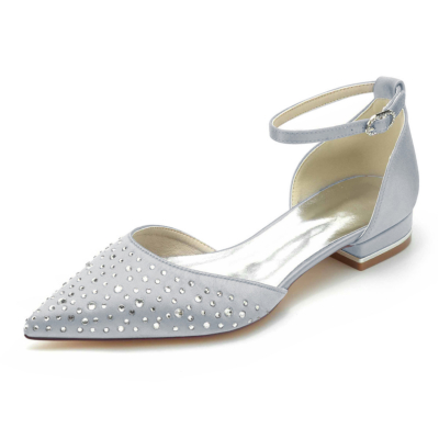 Silberne Strasssteine verzierte D'orsay-Flats, Knöchelriemen, juwelenbesetzte flache Schuhe für die Hochzeit