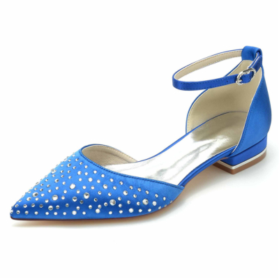 Königsblaue, mit Strasssteinen verzierte D'orsay-Flats, Knöchelriemen, juwelenbesetzte flache Schuhe für die Hochzeit