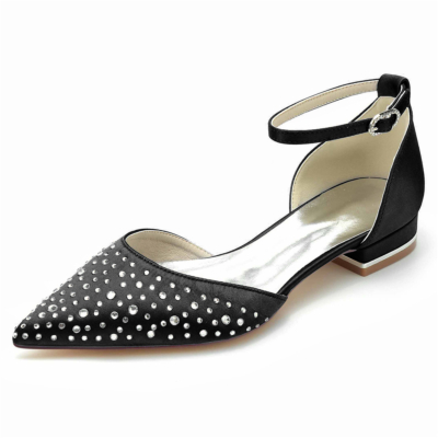 Schwarze, mit Strasssteinen verzierte D'orsay-Flats, flache Schuhe mit Knöchelriemen und Juwelen für die Hochzeit