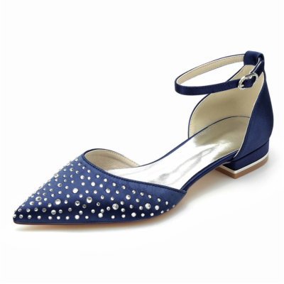 Marineblaue, mit Strasssteinen verzierte D'orsay-Flats, flache Schuhe mit Knöchelriemen und Juwelen für die Hochzeit