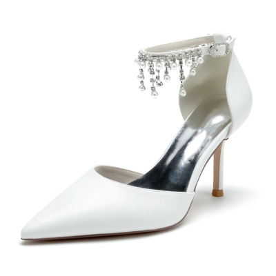 Weiße Strass-Perlen-Quasten-Knöchelriemen, solide D'orday-Pumps, Schuhe für das Kleid