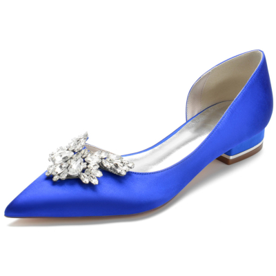 Königsblaue flache Schuhe aus Satin mit spitzer Zehenpartie und seitlichem Schnitt und Schmucksteinen