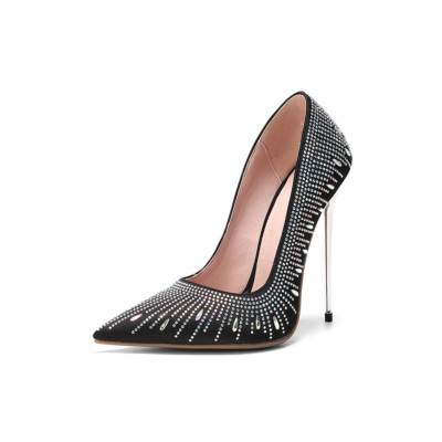 Schwarze Strasssteine Satinpumps Spitzenzehe Kleider Schuhe Metallische Stiletto-Absätze mit geschlossener Zehe