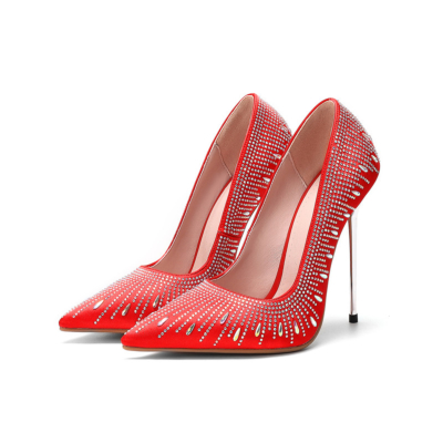Rote Strasssteine Satinpumps Spitzenzehe Kleider Schuhe Metallische Stiletto-Absätze mit geschlossener Zehe
