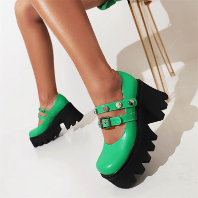 Grüne Nietenplattform klobige Mary Jane-Absätze doppelte Riemenschnalle Blockabsatz Y2K-Schuhe