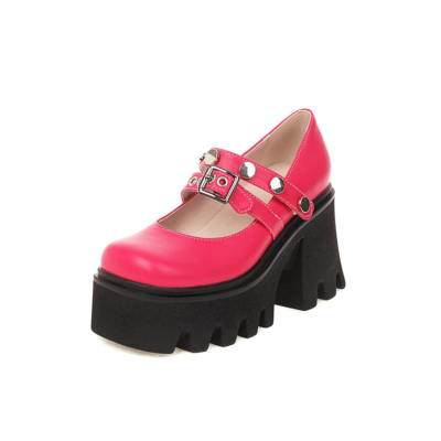 Rosafarbene Nieten-Plattform-Chunky-Mary-Jane-Heels Doppelriemen-Schnall Blockabsatz Y2K-Schuhe
