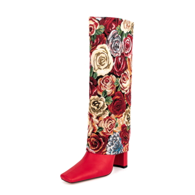 Rote Rosen-Blumen-Stickerei kniehohe Stiefel mit klobigem Absatz und eckiger Zehe