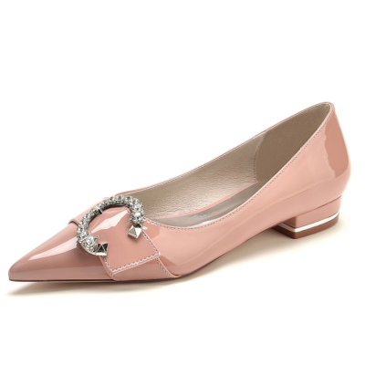 Rosa runde flache Schuhe mit Schmuckschnalle und spitzer Zehenpartie, Kleiderschuhe für Damen