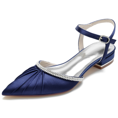 Marineblaue flache D'orsay-Schuhe aus Satin mit Rüschen und spitzer Zehenpartie