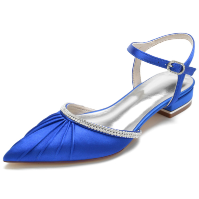 Königsblaue flache D'orsay-Schuhe aus Satin mit Rüschen und spitzer Zehenpartie