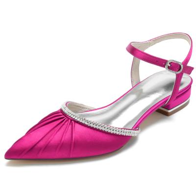 Magentafarbene D'orsay-Flats mit spitzer Zehenpartie und flachen Schuhen aus Satin mit Juwelen